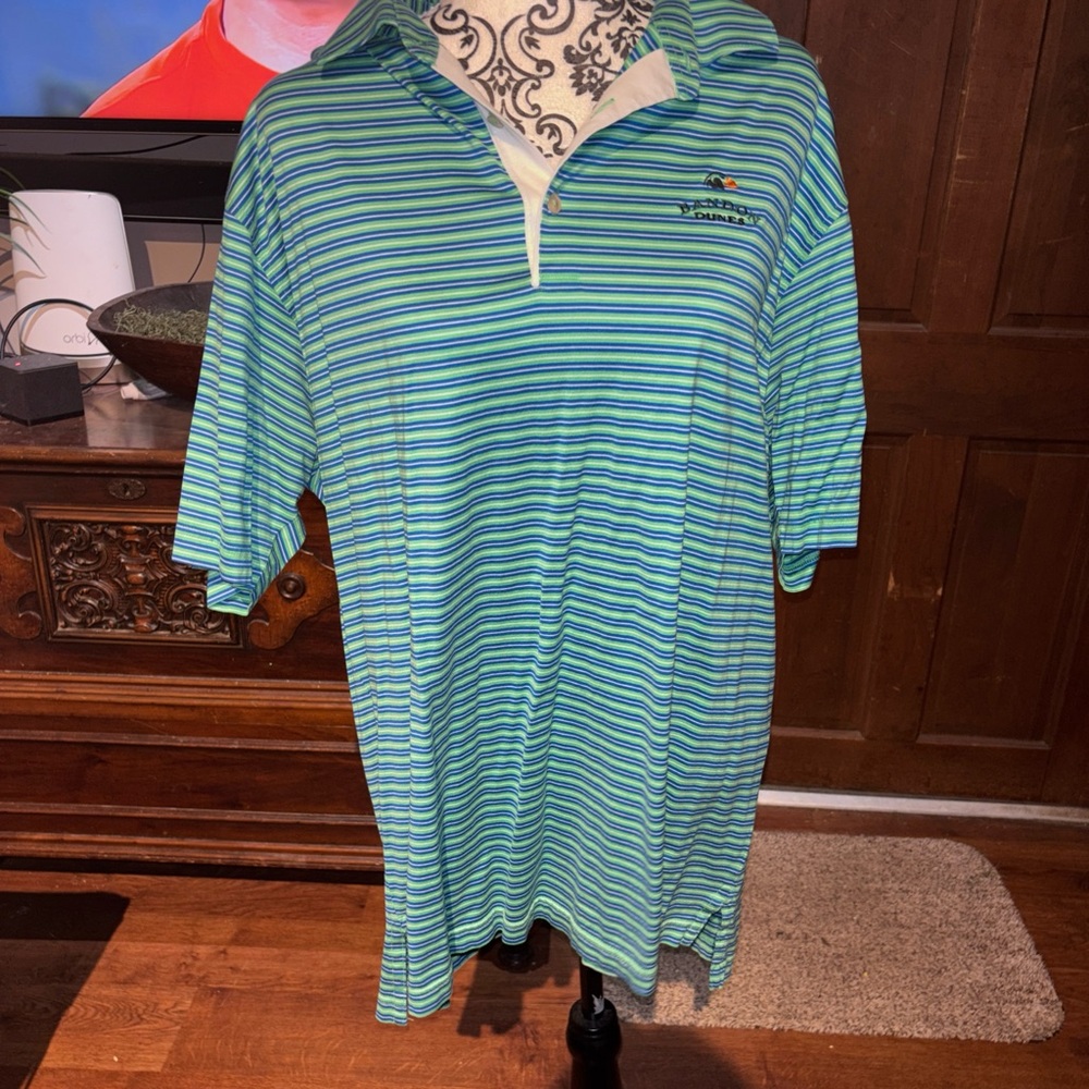 Peter Millar Blue and Green Striped Polo Shirt